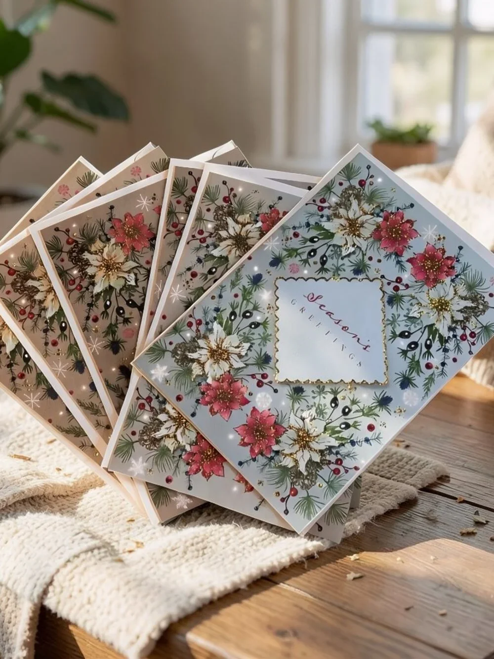 Leanin' Tree Christmas Greeting Cards Set of 6 Envelopes Poinsettia Vintage